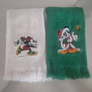 Vintage Disney Mickey Mouse Christmas Hand Towels Set White Green Embroidered
